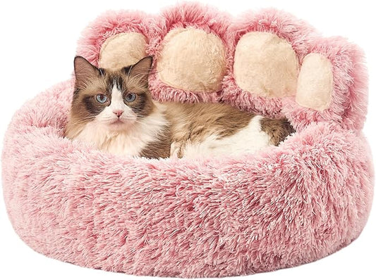 Jiupety Paw Shape Calming Pet Bed, Plush Faux Fur Donut Bed for Dogs & Cats, Machine Washable, Non-Slip Bottom, Medium (22"×22"×6"), Pink