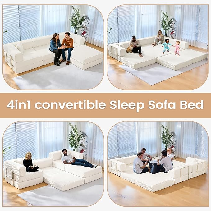 Folding Sofa Bed Convertable Corduroy Couch King Size Floor Sleeper 4-in-1 DIY Combination Modular Sofa Fold Out Futon Lounge Comfy Foldable Lazy cama for Living Room (Off-White)