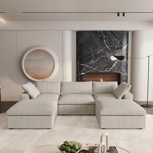 Cloud Couch 120" Sectional Couches for Living Room/Modular Convertible U Shaped Sofa Couch with 2 Storage Ottomans,5 Seater Minimalist Wide Deep Seat Sets (Khaki, 5 Seater)