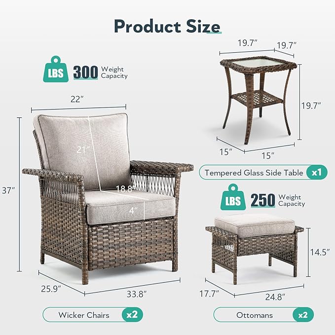 5 Pieces Wicker Patio Furniture Set - Hollow Widen Armrests Outdoor Rattan Chairs with Ottomans and Side Table, Small Patio Convention Set for Balcony Porch Deck and Yard - Brown/Beige