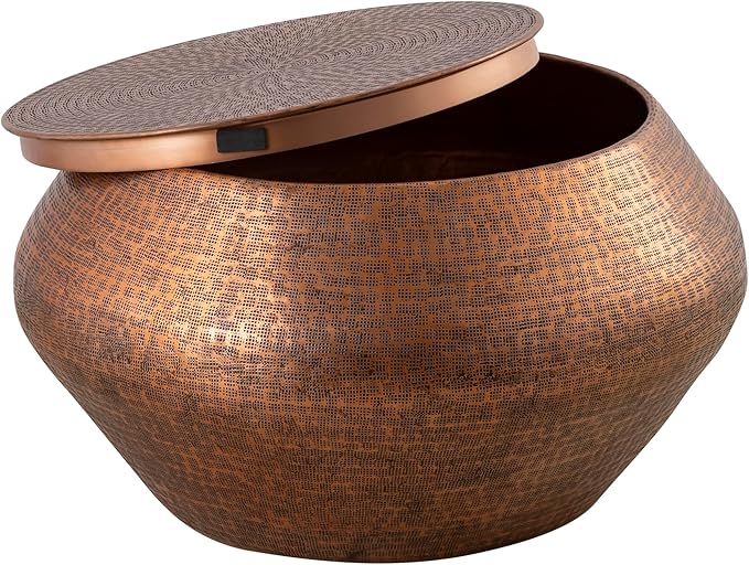 Albany Living Modern Cylindrical Aluminum Hammered Embossed Texturing, Metal Drum Coffee Table with Removable Lid for Storage,Fully Assembled, for The Living Room and Bedroom, Copper