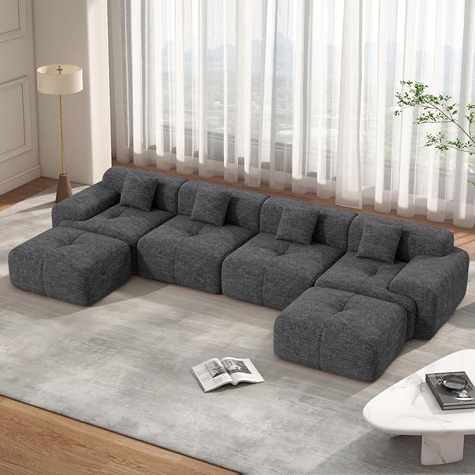 158" Modern U Shaped Modular Sectional Sofa, Boneless Couches for Living Room,6 Seater Convertible Chenille Cloud Couch Sofa Set, No Assembly Required, Grey-Black 1 PCS
