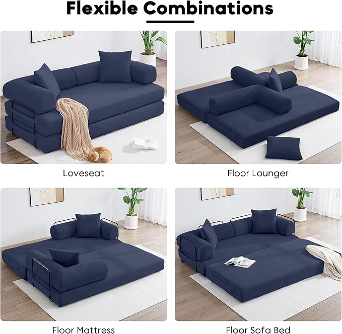 Convertible Sleeper Sofa Bed with Cylindrical Pillow, Corduroy Folding Boneless Couch with Fixed-Shape Frame, Floor Sofa Lounge Couch for Living Room Bedroom Lounge Studio-Blue