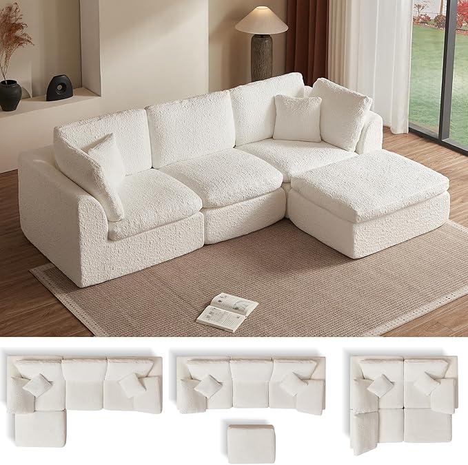 Cilee 110" Modular Sectional Sofa, Cloud Couch with Deep Seat, L-Shape Boneless Sofa, 3 Seat Memory Foam Sofa, No Assembly Required, Upholstered Couch for Living Room, Movable Ottoman, Chenille, White