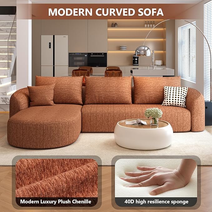 111" Modular Sectional Couches Luxury Modern Curved Back Sofa,Minimalist Comfy L-Shape Boneless Cloud Couch for Living Room Apartment,(Left Facing Chaise,Orange)
