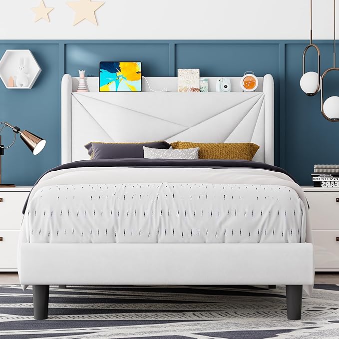 Feonase Twin Size Bed Frame with Charging Station, Upholstered Linen Bedframe with Wingback Headboard, Solid Wood Slats Support, No Box Spring Needed, Noise Free, White