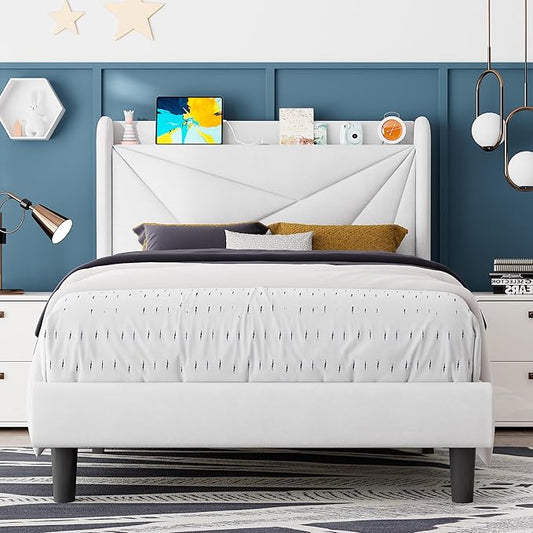 Feonase Twin Size Bed Frame with Charging Station, Upholstered Linen Bedframe with Wingback Headboard, Solid Wood Slats Support, No Box Spring Needed, Noise Free, White