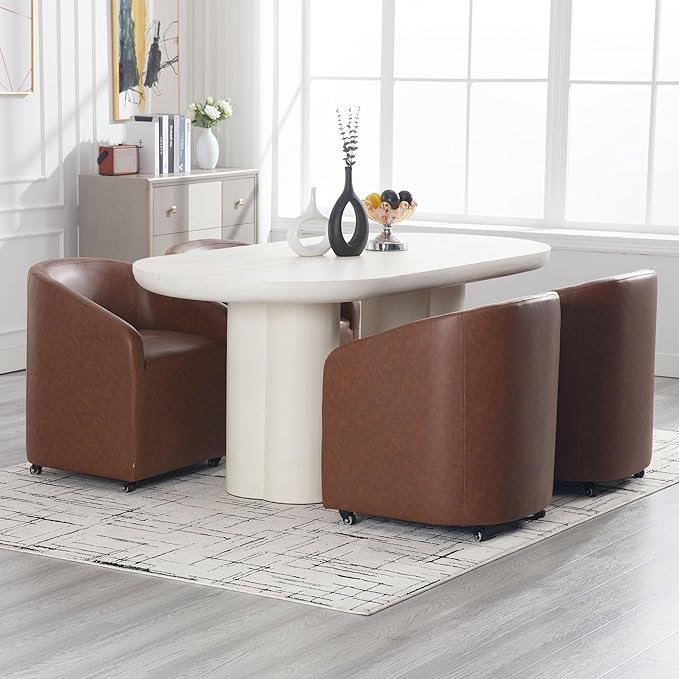 Set of 2 Modern Upholstered Dining Chairs with Swivel Casters, Faux Leather Barrel Back Accent Side Chair for Dining Room Living Room,Brown