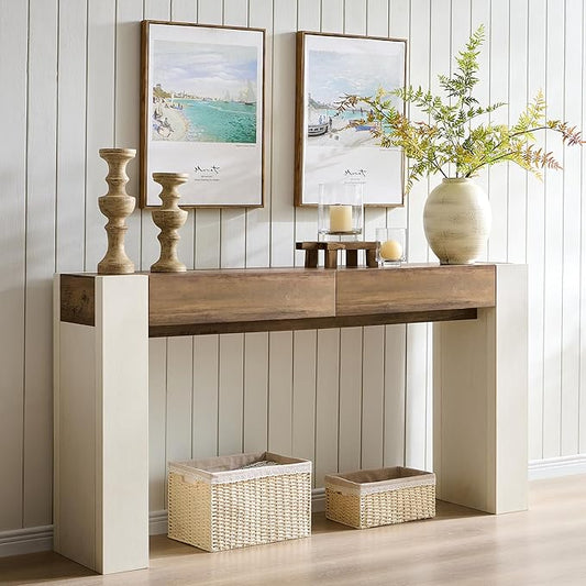 OKD Modern Entryway Console Table, Sofa Table with Drawers, 63" Long Hall Table Behind Couch, Thick Wood Design for Living Room, Hallway - Antique White