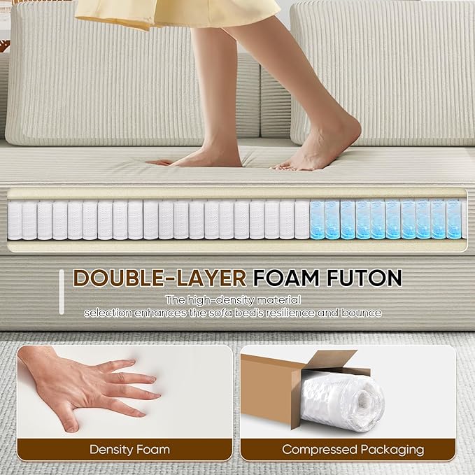 Antetek Convertible Sofa Bed, Comfy Corduroy Fluffy Love seat Sleeper Sofa, 5 in 1 Folding Couch Bed, Fold Out Floor Couch with Pillows for Bedroom, Living Room, Office, Pinstripe, Beige