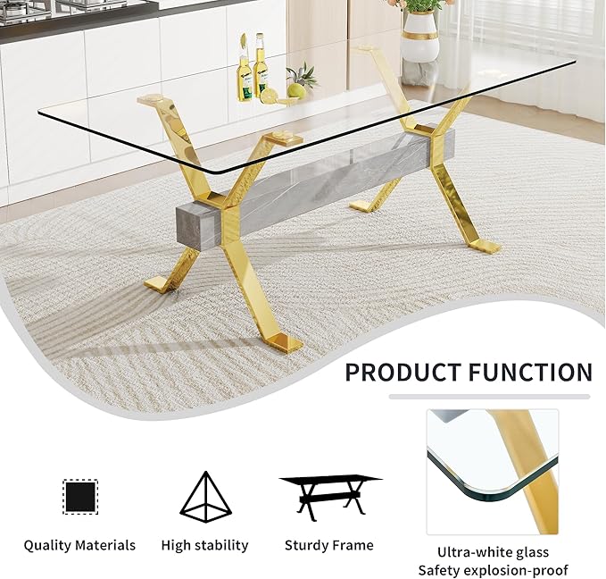 79" Glass Dining Table, Modern Kitchen Table, Modern Dining Table for 8, 0.5" Thick Tempered Glass Tabletop with Gold Chrome Metal Legs and Grey Crossbar, Ideal for Dining Room, Kitchen