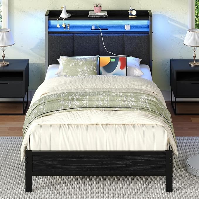 Twin Bed Frame with LED Lights and Charging Station, Metal Platform Bed Frame Twin with Upholstered Storage Headboard, Heavy Duty Metal Slats, No Box Spring Needed, Easy Assembly, Dark Grey
