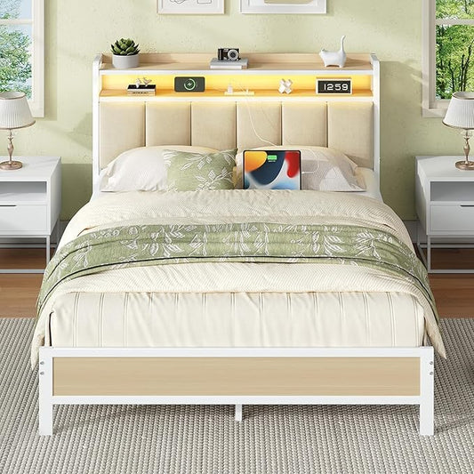 Queen Bed Frame with Charging Station and Storage Headboard, Metal Platform Bed Frame Queen Size with LED Lights, Heavy Duty Metal Slats Support, No Box Spring Needed, Easy Assembly, Beige