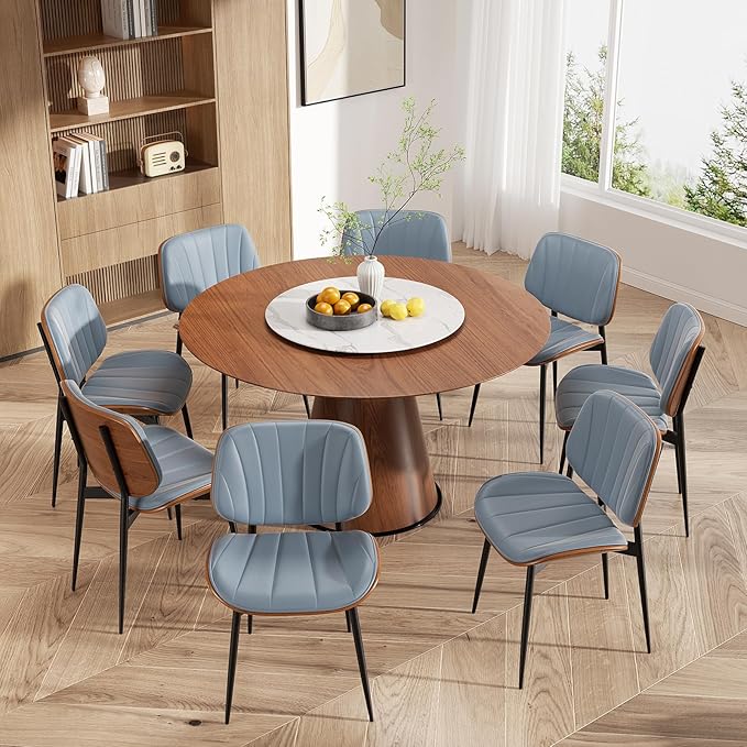 Dining Chairs Set of 8, Mid Century Modern Dining Room Chair, Upholstered Faux Leather Kitchen Chairs with Walnut Bentwood Back and Metal Legs for Kitchen Dining Room Living Room, Blue