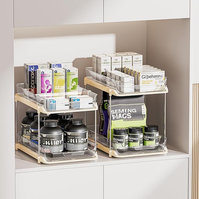 Delamu 2-Tier Multi-Purpose Bathroom Under Sink Organizers and Storage, Stackable Kitchen Pantry Organization, Pull Out Medicine Cabinet Organizer with Movable Dividers, Beige, 2 Pack