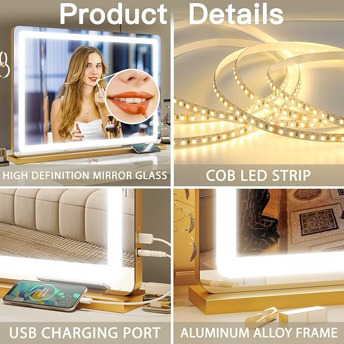 FENNIO Vanity Mirror with Lights 32"x22", Lighted Makeup Mirror, Large Vanity Mirror with Lights, Touch Sensor with 3 Color Lighting,USB Charging Port for Vanity Desk Tabletop（Gold）
