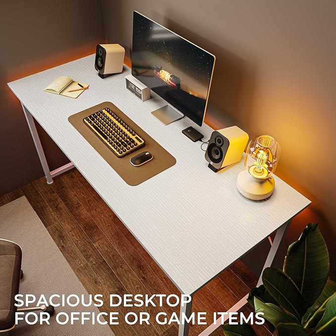 Huuger Computer Desk, 55 Inch Home Office Desk, Gaming Writing Work from Home Study Desk, Large Legroom, Sturdy Metal Frame, Modern Simple, White