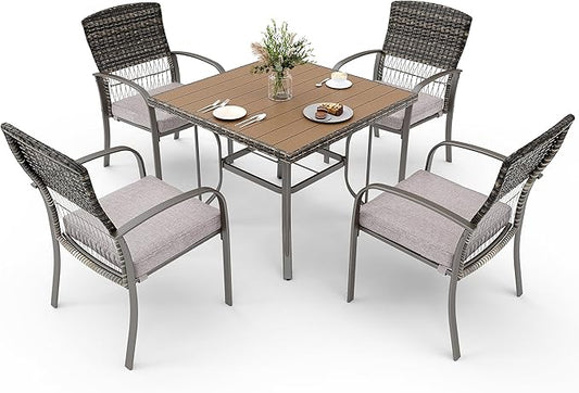 Pamapic 5-Piece Outdoor Furniture Set, Rattan Patio Dining Set with Weather-Resistant Iron Slats Table, 4 Stackable Chairs & Removable Cushions for Backyard, Deck, Garden (Grey)