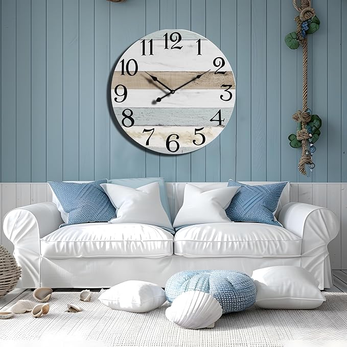 24 Inch Wall Clock Wood Round Silent Non-Ticking Clock,Large Rustic Farmhouse Blue Wall Clock with Battery Operated Vintage Decorative Clock for Living Room Kitchen Decor