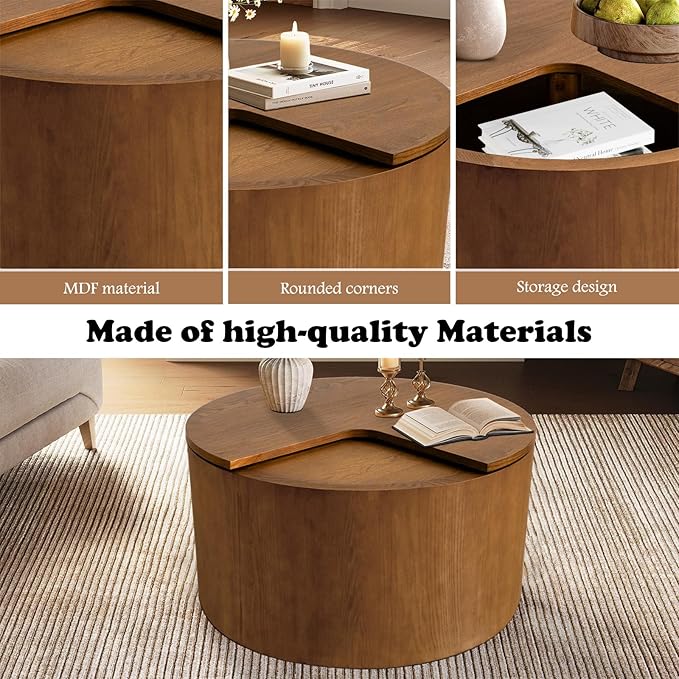 27.16" Round Coffee Table with Storage Modern Wooden Coffee Table Circle Accent Center Table for Living Room Small Space Apartment Office (Circle Brown)
