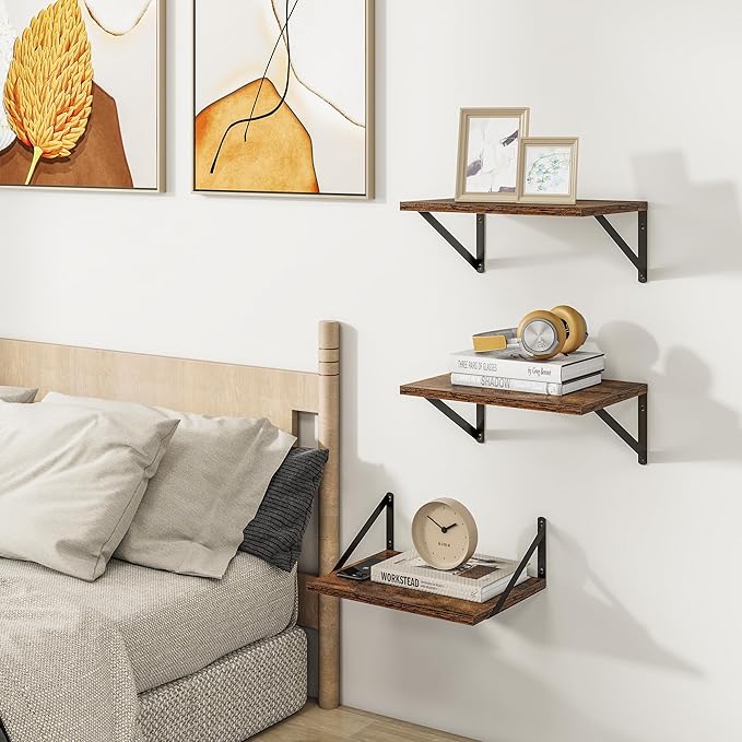 Deep Floating Shelves for Wall, 12 Inch Deep Floating Shelves Set of 3, 16W x 12D Wood Wall Shelves, Wide Wood Shelves with Metal Bracket for Living Room, Kitchen, Office, Bedroom - Rustic Brown