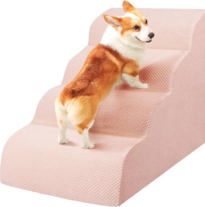 Dog Stairs for Small Dogs, High Density Foam Dog Steps, Extra Wide Non-Slip Pet Ramp for High Beds Or Couch, Soft Doggie Ladder for Dogs Injured, Older Pets, Small Cats, 4 Steps, Pink