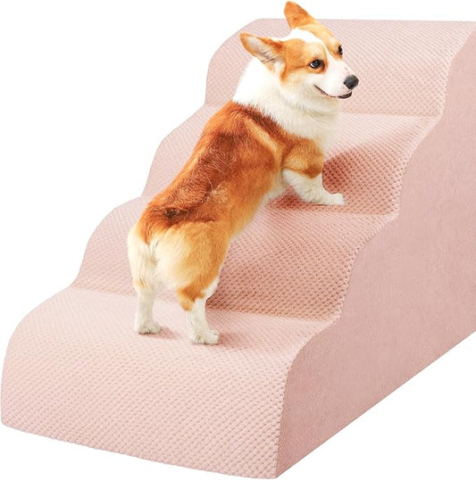 Dog Stairs for Small Dogs, High Density Foam Dog Steps, Extra Wide Non-Slip Pet Ramp for High Beds Or Couch, Soft Doggie Ladder for Dogs Injured, Older Pets, Small Cats, 4 Steps, Pink