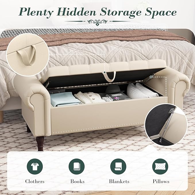 Apicizon 51” Bench with Storage, Faux Leather Ottoman Bench with Rolled Arm & Vintage Rivets, End of Bed Bench for Bedroom, Living Room, Entryway, Beige+Brown Legs