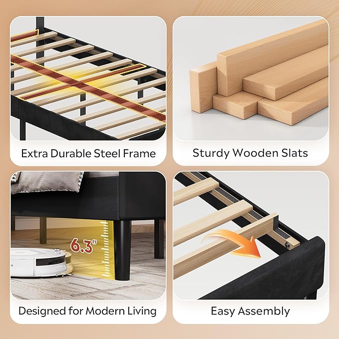 WLIVE Twin Size Upholstered Bed Frame, Velvet Square Tufted Headboard,Sturdy Metal & Wooden Slats Support, No Box Spring Needed, Black