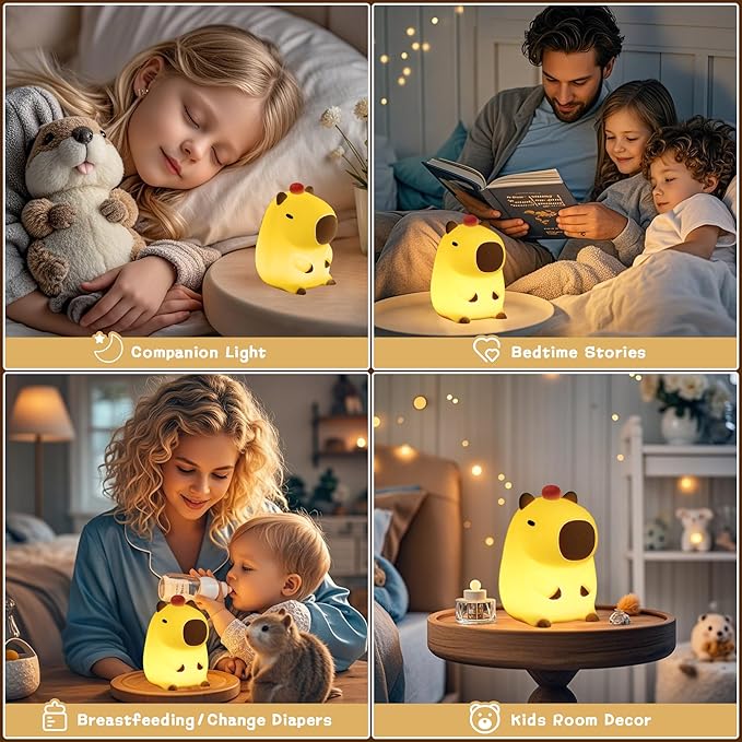 Capybara Lamp,Cute Capibara Night Light, LED Squishy Novelty Animal Lamp,Dimmable Soft Silicone Nursery Nightlight for Kids, Rechargeable Bedroom Touch Lamp, Dorm Decor, Baby Boys Girls Gift
