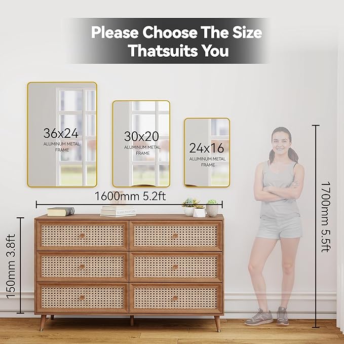 24x36 Mirror Rectangle Full Length Wall Mounted or Against Wall Aluminum Alloy Metal Frame Dressing Mirrors for Entryway Bedroom Bathroom Living Room 36x24 inch Gold