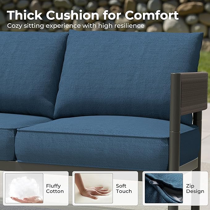 Grand patio 5-Piece Outdoor Furniture Set, 4 Seats Wicker Sofa Conversation Set with Thick Cushions and Coffee Table, for Backyard, Balcony, Garden (Peacock Blue)