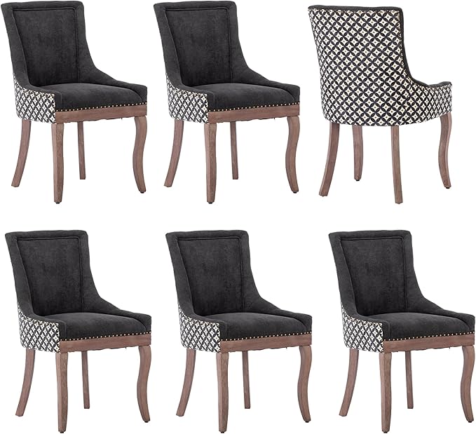 Farmhouse Dining Chairs Set of 6, Upholstered Fabric Dining Room Accent Chairs with Wood Legs & Bronze Nailhead, High Wingback Kitchen Chairs for Living Room Hotel Apartment, Black