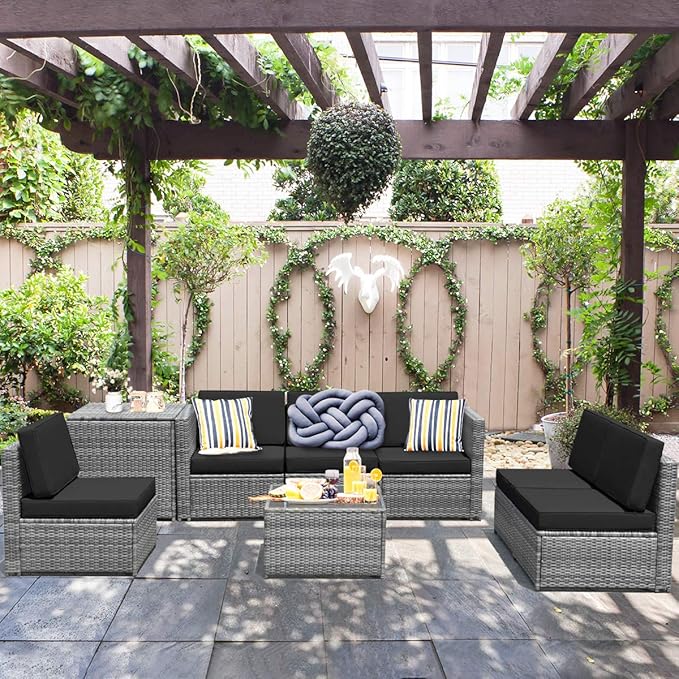 HAPPYGRILL 8-Pieces Patio Furniture Set Outdoor Rattan Conversation Set with Storage Box Sectional Wicker Sofa Set with Coffee Table and Cushions for Garden Backyard