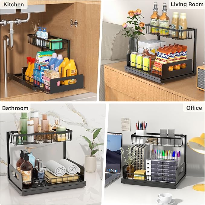 Under Sink Organizer, 2 Tier Pull Out Cabinet Organizer,Slide out Metal Cabinet Organizers Multi-Purpose Drawer Shelf for Kitchen Bathroom Pantry Cabinet Closet Organization Rack,Black