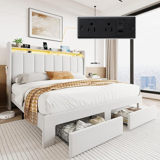 SHA CERLIN Velvet Full Size Bed Frame with Vertical Channel Tufted Wingback Headboard & 2 Storage Drawers/2-Tier Shelves with LED Lights & Charging Station/Noise-Free/No Box Spring Needed/White