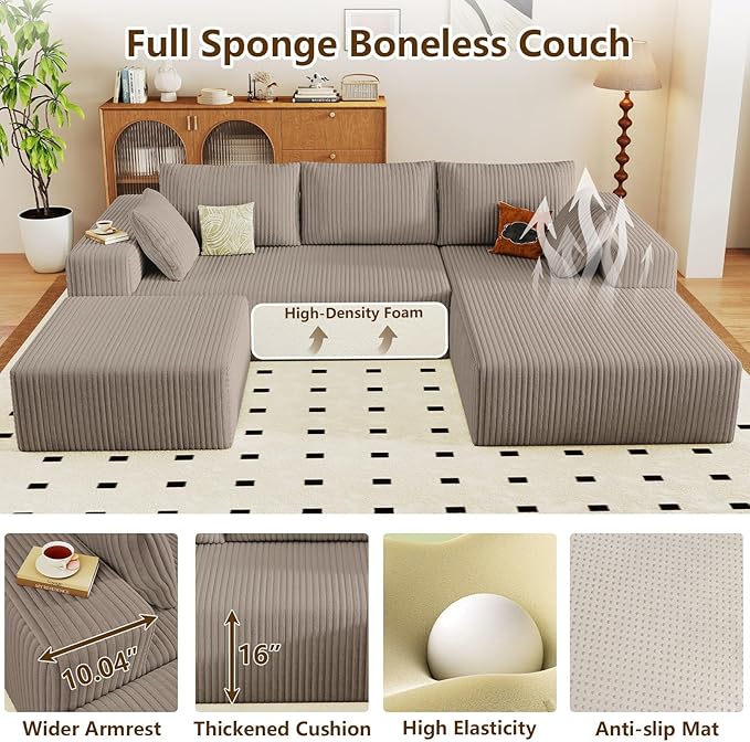 96" U-Shape Cloud Couch, Modern Modular Sectional L-Shape Sofa with Ottoman, Corduroy Upholstered Couches Deep Seat Chaise Longue for Living Room, No Assembly Required(Camel, Right Facing)