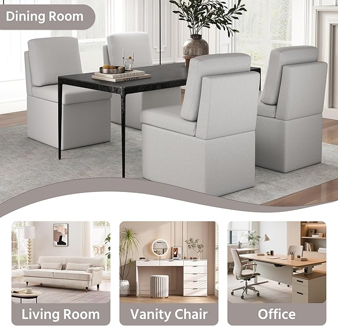 VKNOW Upholstered Dining Chairs Set of 4, Modern Kitchen Chairs with Storage, Linen Armchair Dining Room Chair for Kitchen Dining Room Office Bedroom, Light Grey