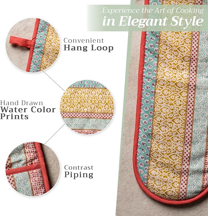 Maison d' Hermine Double Oven Mitts 100% Cotton 7"x35" Double Oven Mitt Heat Resistant BBQ Cooking Gloves with Loop, Baking, Grilling, Home, Kitchen, Handling Hot Pans Spring Summer (Provence)