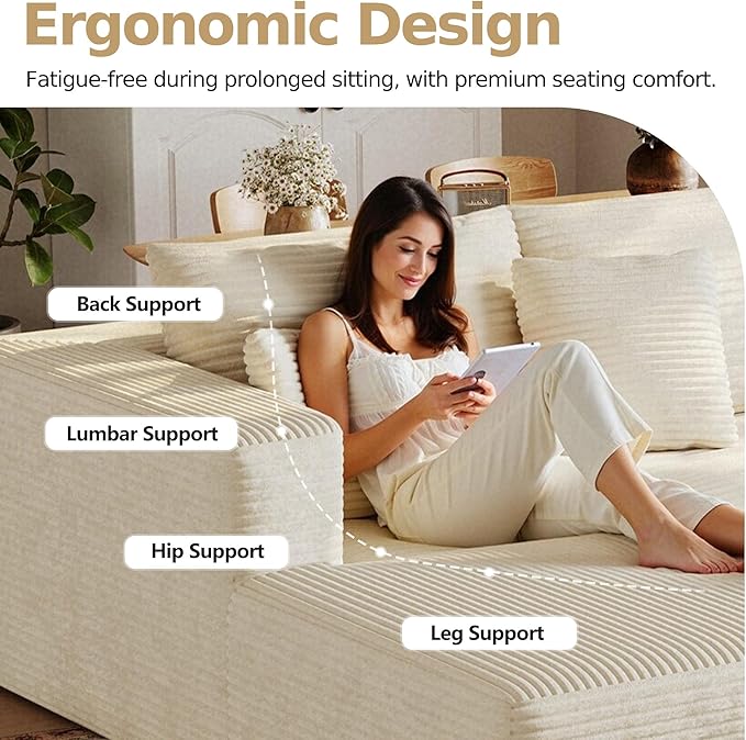 108'' Modular Sectional L-Shaped with Chair,Deep Seat Boneless Corner Couch for Living Room,Plush Corduroy Couch with Detachable Sofa Set,No Assembly (Left Facing Chaise,Beige)