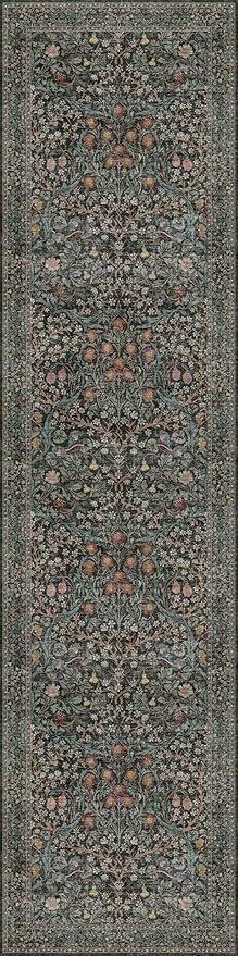 Washable Dark Green 2x10 Runner Rug for Hallway, Kitchen, 10 ft Non Slip Stain Resistant Extra Long Soft Rugs, Vintage Floral Unique Botanical Floor Mat
