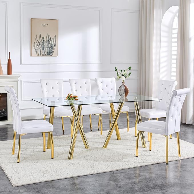 LKTART 71" Rectangular Dining Table for 6-8, Gold Dining Table with Tempered Glass Tabletop & Metal Legs, Large Glass Dinner Table for Home Kitchen