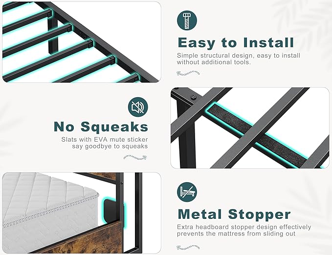 EnHomee Full Size Bed Frame with 6 Storage Drawers Full Bed Frame with Headboard, with Charging Station, No Noise, No Box Springs Needed, Vintage Brown