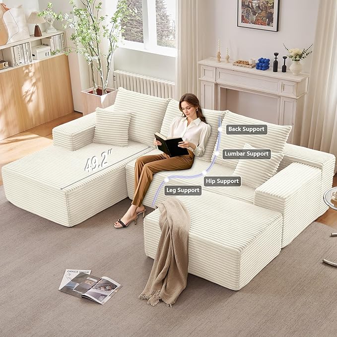 107" L-Shape Sofa with Ottoman, Modern Modular Sectional Comfy U-Shape Cloud Couch, Deep Seat, Upholstered Corduroy Sleeper Chaise Longue for Living Room Bedroom, No Assembly Required, White