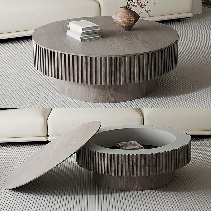 39'' Large Round Coffee Table with Storage, Fluted Coffee Table with Solid Wood Veneered, Mid Century Modern Wooden Center Table, Accent Tea Table for Living Room Apartment, Grey