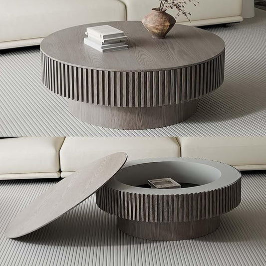 39'' Large Round Coffee Table with Storage, Fluted Coffee Table with Solid Wood Veneered, Mid Century Modern Wooden Center Table, Accent Tea Table for Living Room Apartment, Grey