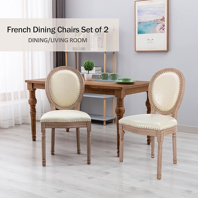 Nrizc French Dining Chairs Set of 6, French Country Dining Chair, Vintage Farmhouse Dining Chairs with Round Back, Solid Wood Beige Fabric Dining Room Chairs, for Kitchen, Bedroom, Dining Room