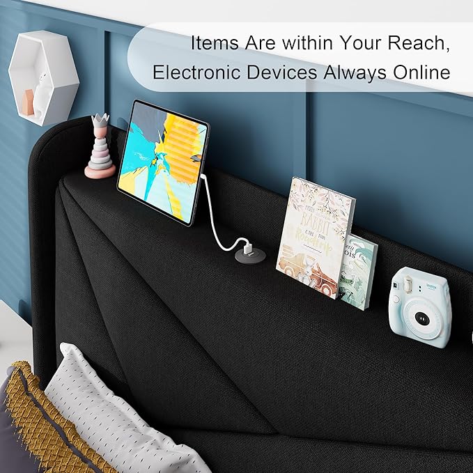 Feonase Twin Size Bed Frame with Charging Station, Upholstered Linen Bedframe with Wingback Headboard, Solid Wood Slats Support, No Box Spring Needed, Noise Free, Black