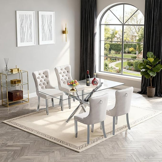Goujxcy 51" Glass Dining Table Set for 4, Modern Kitchen Table and Chairs Set w/Steel Legs, 5-Piece Dining Table Set w/Glass Silver Dining Table and 4 Beige Velvet Chairs for Kitchen Dining Room