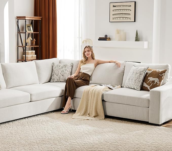 ABCASA 112" Modular Sectional Sofa, Large 7 Seater L Shaped Couch with Detachable Sofa Cover, Movable Ottoman, Deep Seat Corner Couch for Living Room, Apartment - Linen Fabric, Ivory